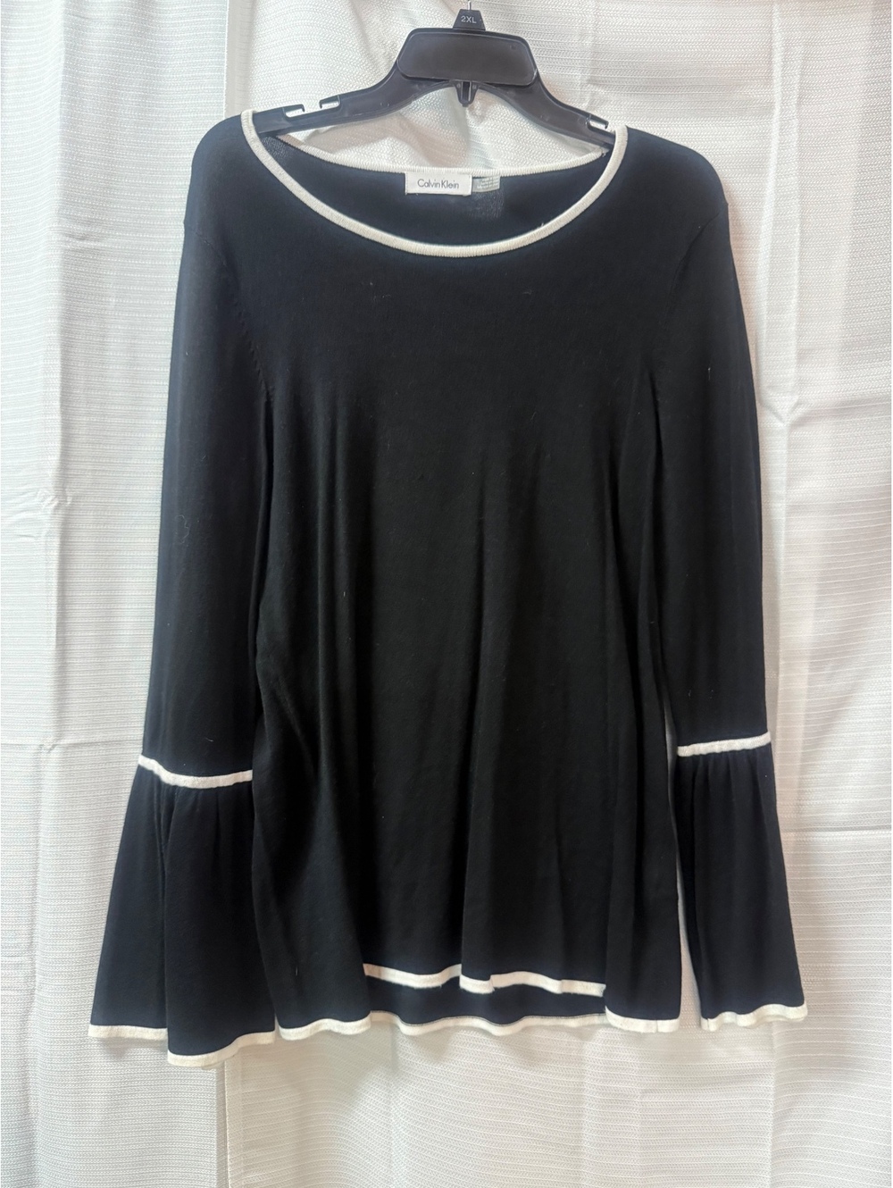 Calvin Klein Black Rayon Blend Bell Sleeve Sweater with White Trim